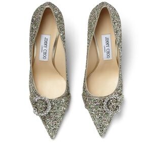 Rare Jimmy Choo Green Saresa 85 Glittered Court Shoes With Crystal Buckle